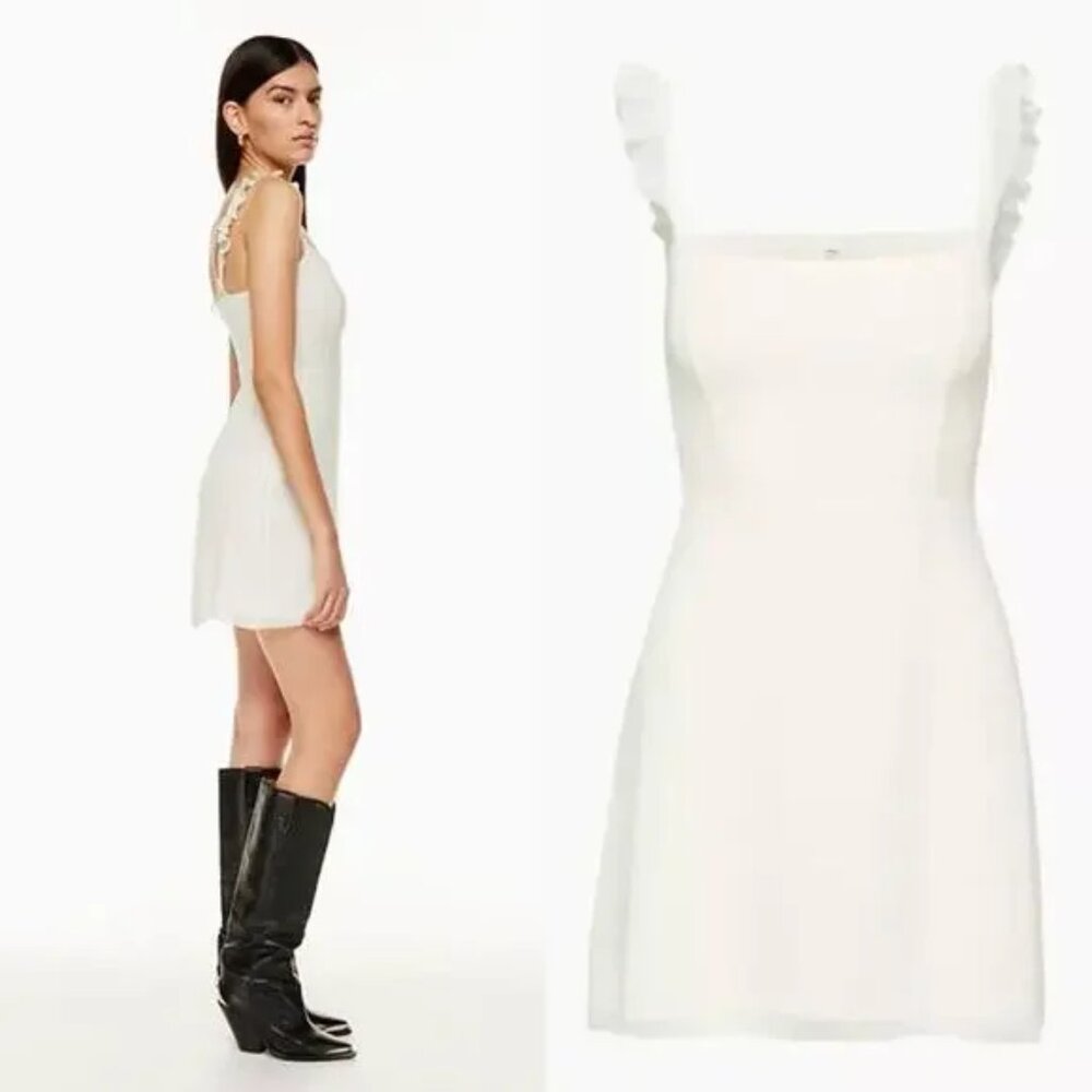 Aritzia Wilfred Fete Chiffon Ruffle Straps Mini Dress in White Size 2 Bridal